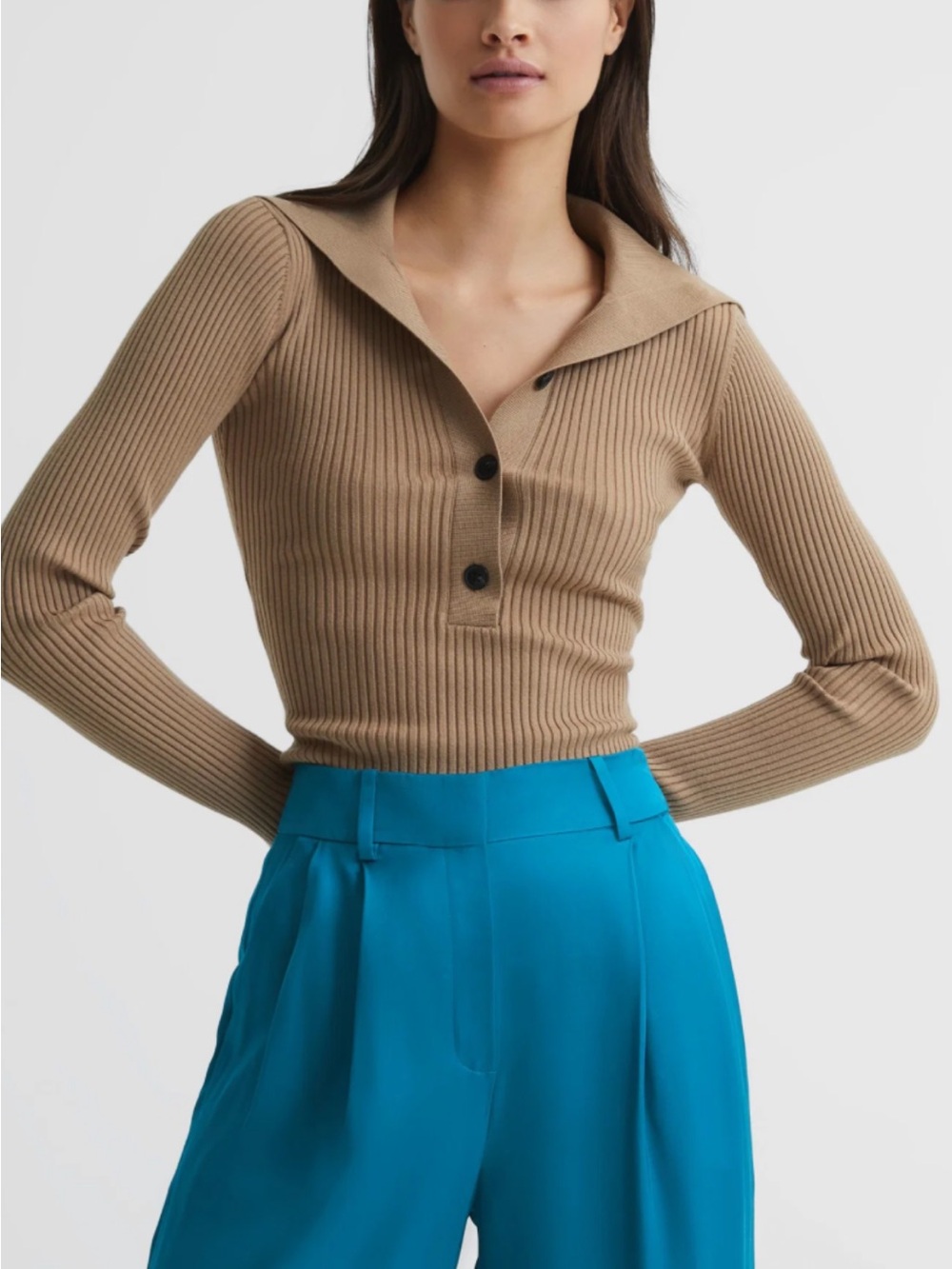 Ribbed Long-Sleeve Collared Polo Top - Camel